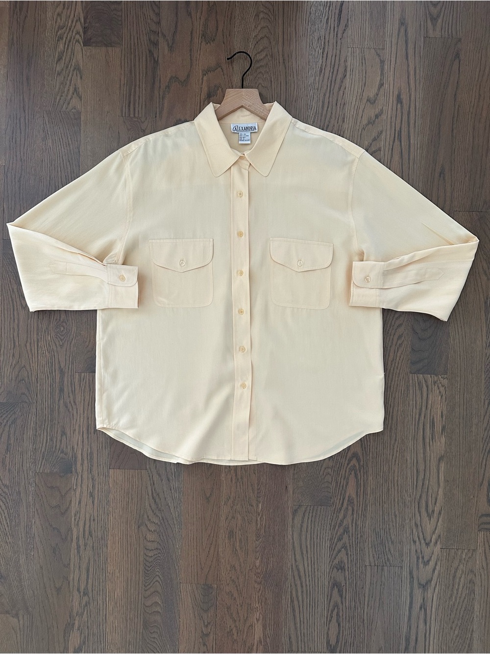 Vintage 1990s 100% Silk Twill Long Sleeve Button Front Blouse in Yellow XL